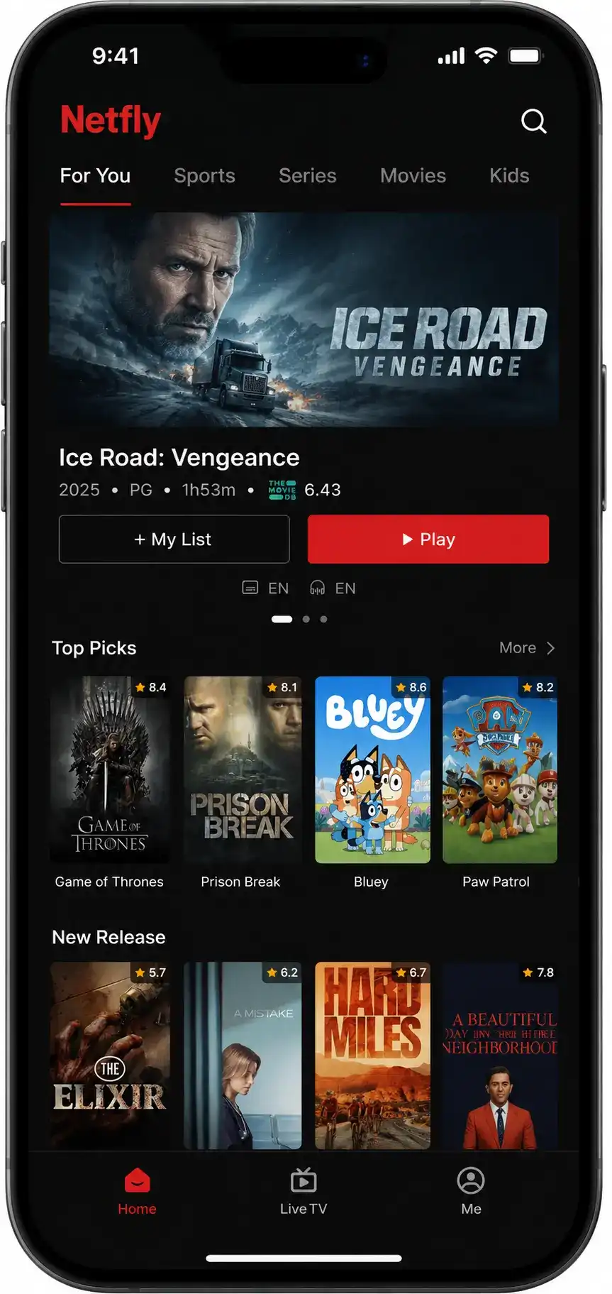 Netfly TV App running on iPhone